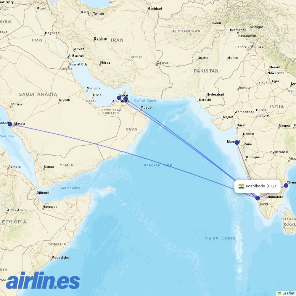 SpiceJet from Calicut destination map