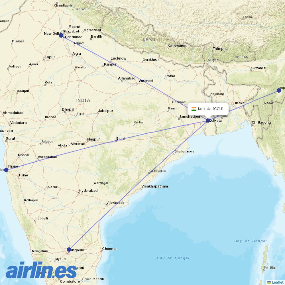 Air India from Kolkata Netaji Subhas Chandra Bose Intl Airport destination map