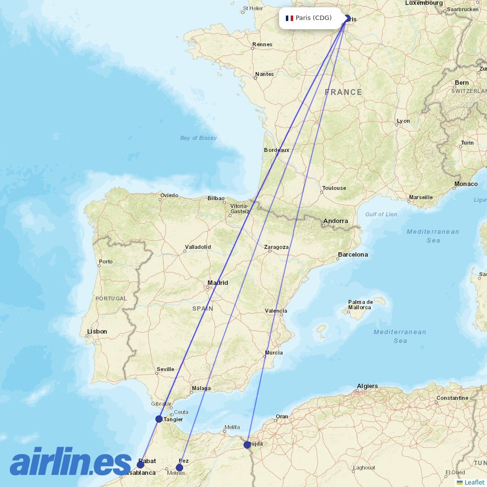 Air Arabia Maroc from Charles De Gaulle destination map