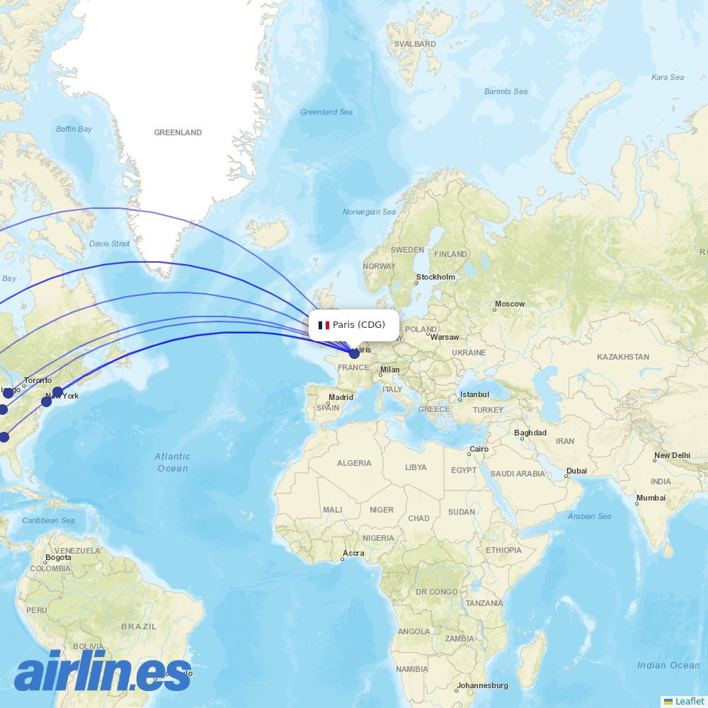 Delta Air Lines from Charles De Gaulle destination map