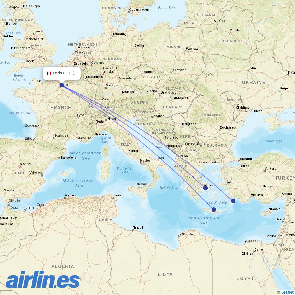 Sky Express from Charles De Gaulle destination map