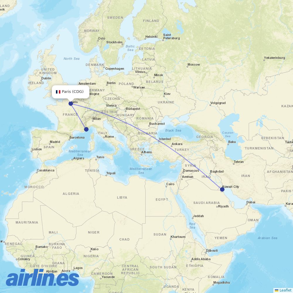Kuwait Airways from Charles De Gaulle destination map