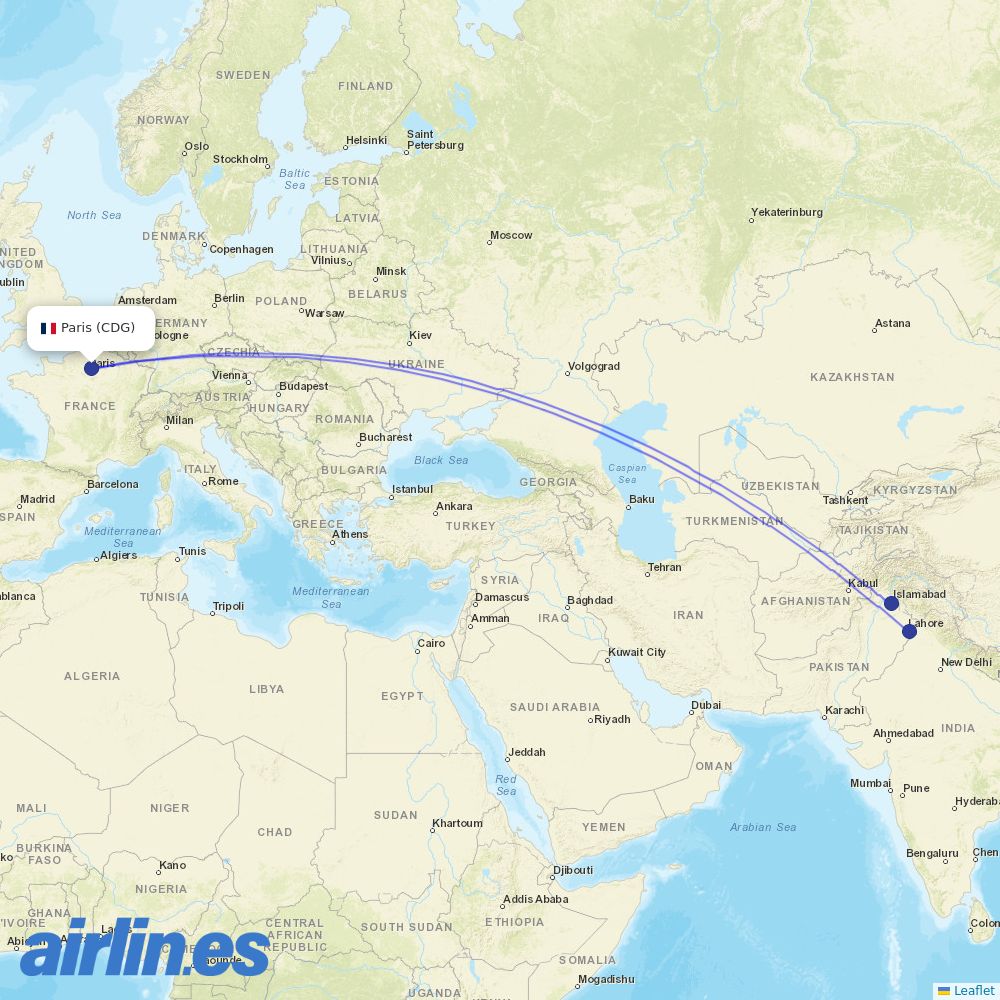 Pakistan International Airlines from Charles De Gaulle destination map