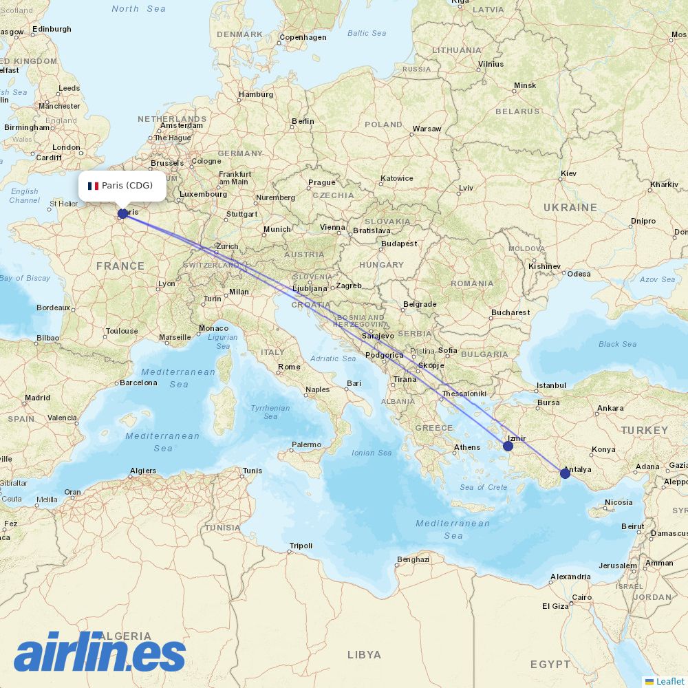 SunExpress from Charles De Gaulle destination map