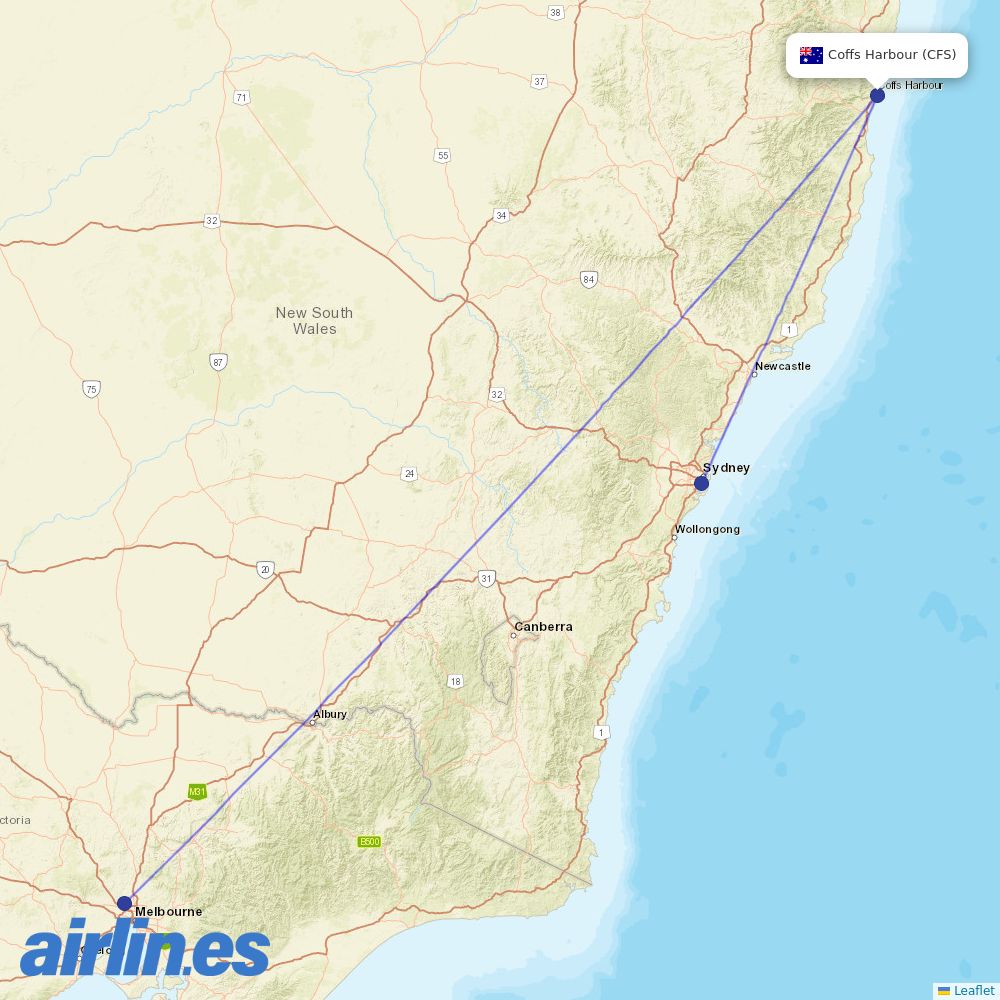 Qantas from Coffs Harbor destination map