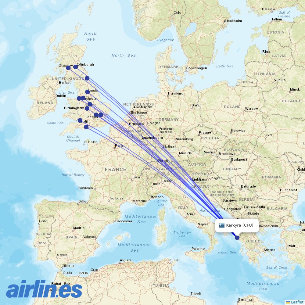 Jet2 from Corfu International Airport destination map