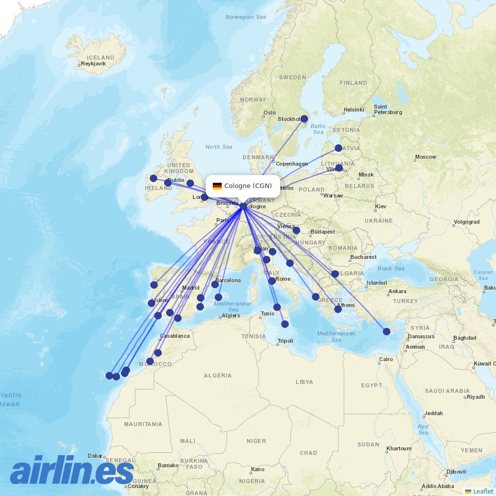 Ryanair from Cologne Bonn Airport destination map