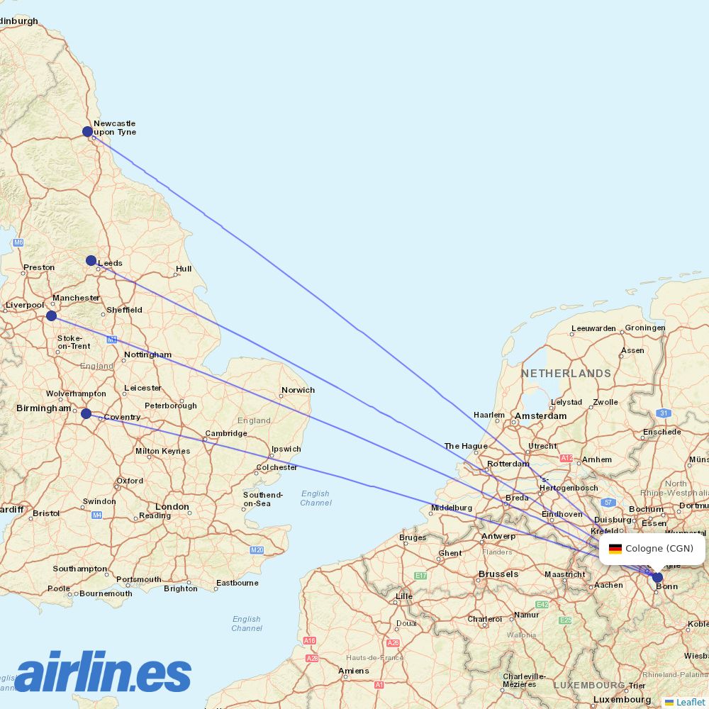 Jet2 from Cologne Bonn Airport destination map
