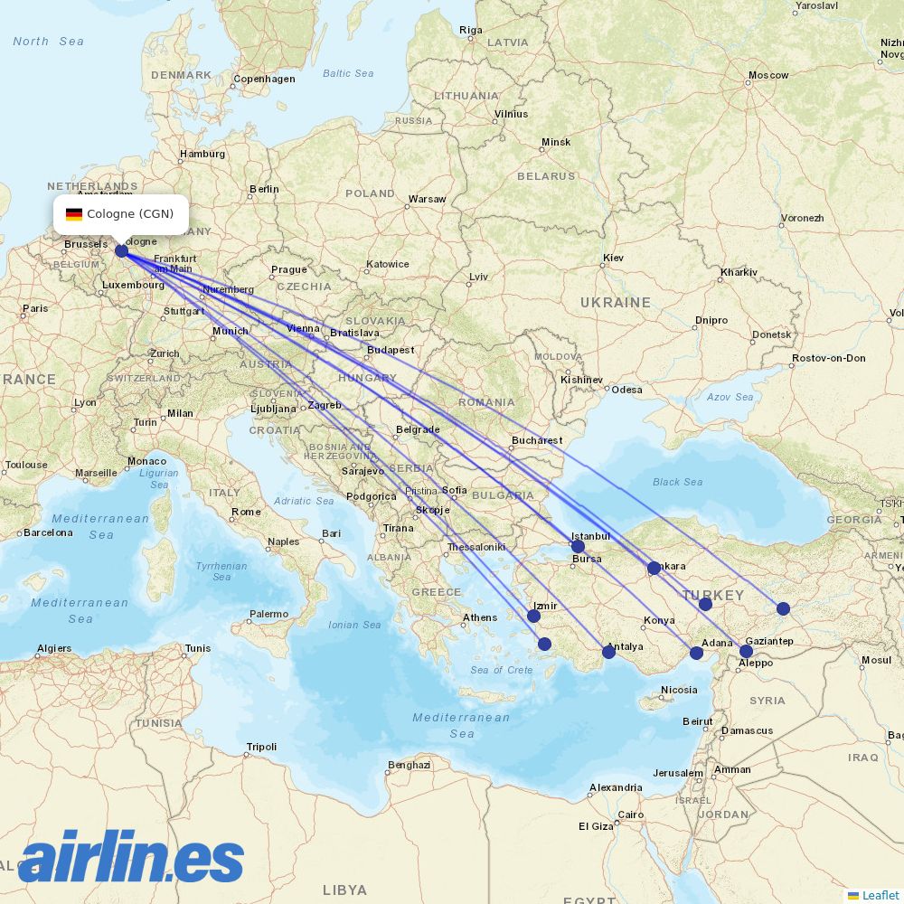 Pegasus from Cologne Bonn Airport destination map