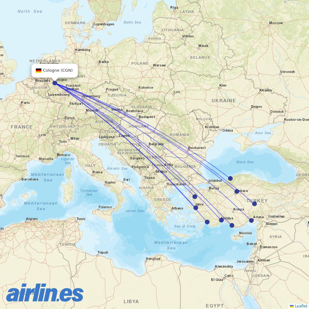 Corendon Airlines from Cologne Bonn Airport destination map