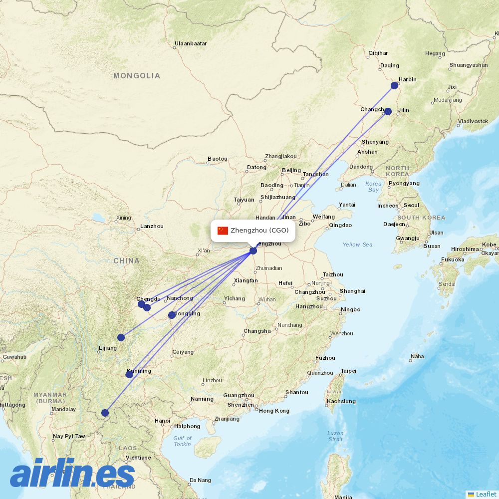 Sichuan Airlines from Zhengzhou Xinzheng International Airport destination map