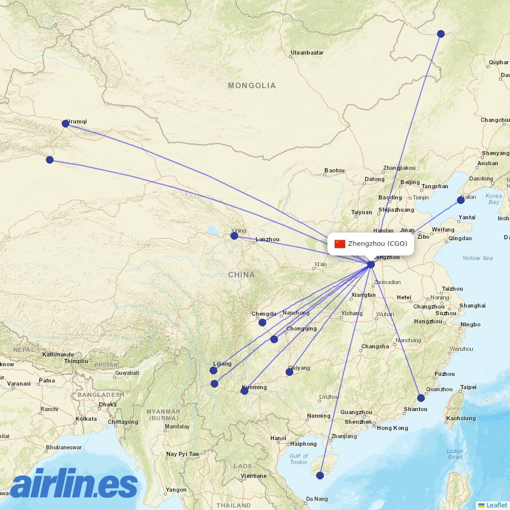 Lucky Air from Zhengzhou Xinzheng International Airport destination map