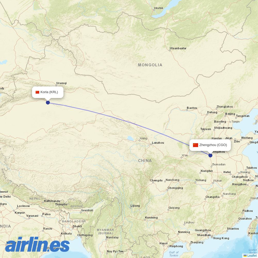 Air Changan from Zhengzhou Xinzheng International Airport destination map