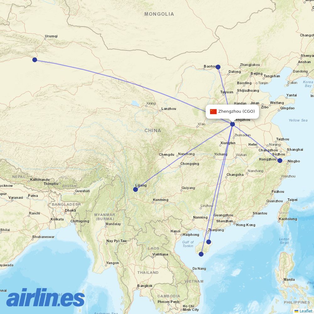 Beijing Capital Airlines from Zhengzhou Xinzheng International Airport destination map