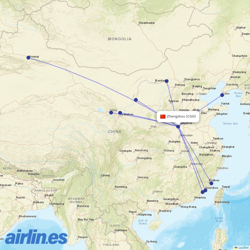 Xiamen Airlines from Zhengzhou Xinzheng International Airport destination map