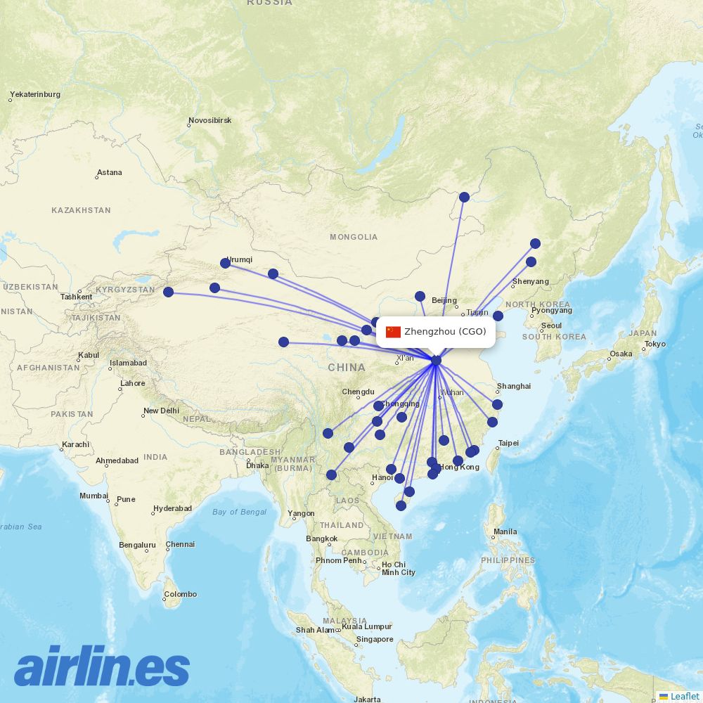 West Air (China) from Zhengzhou Xinzheng International Airport destination map
