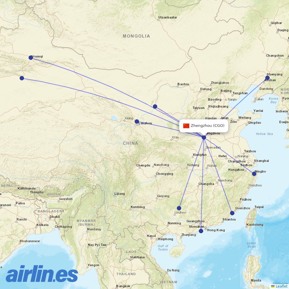 Shandong Airlines from Zhengzhou Xinzheng International Airport destination map