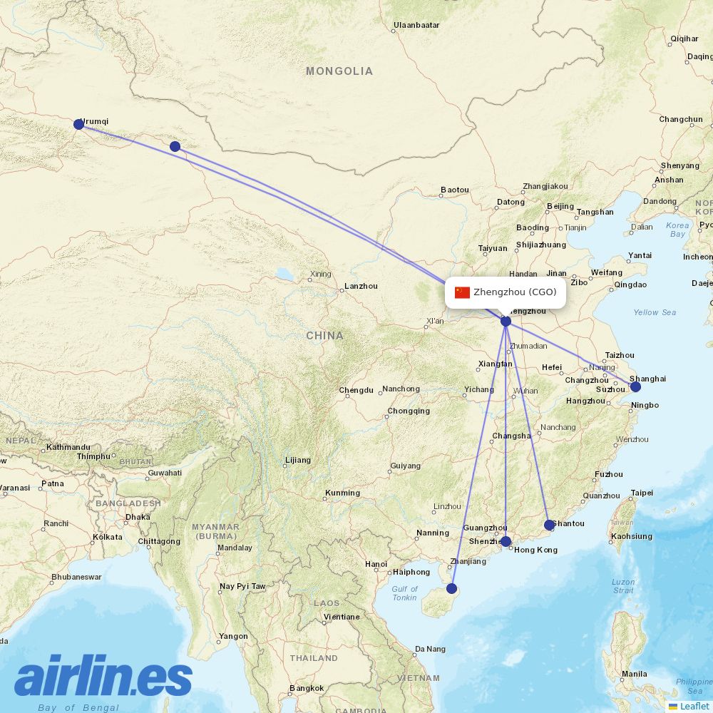 Suparna Airlines from Zhengzhou Xinzheng International Airport destination map