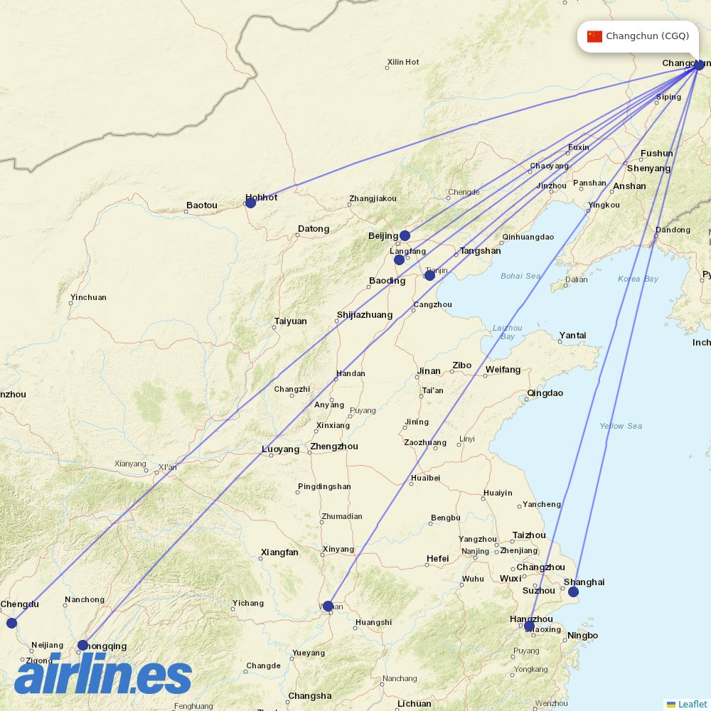 Air China from Changchun Longjia International Airport destination map