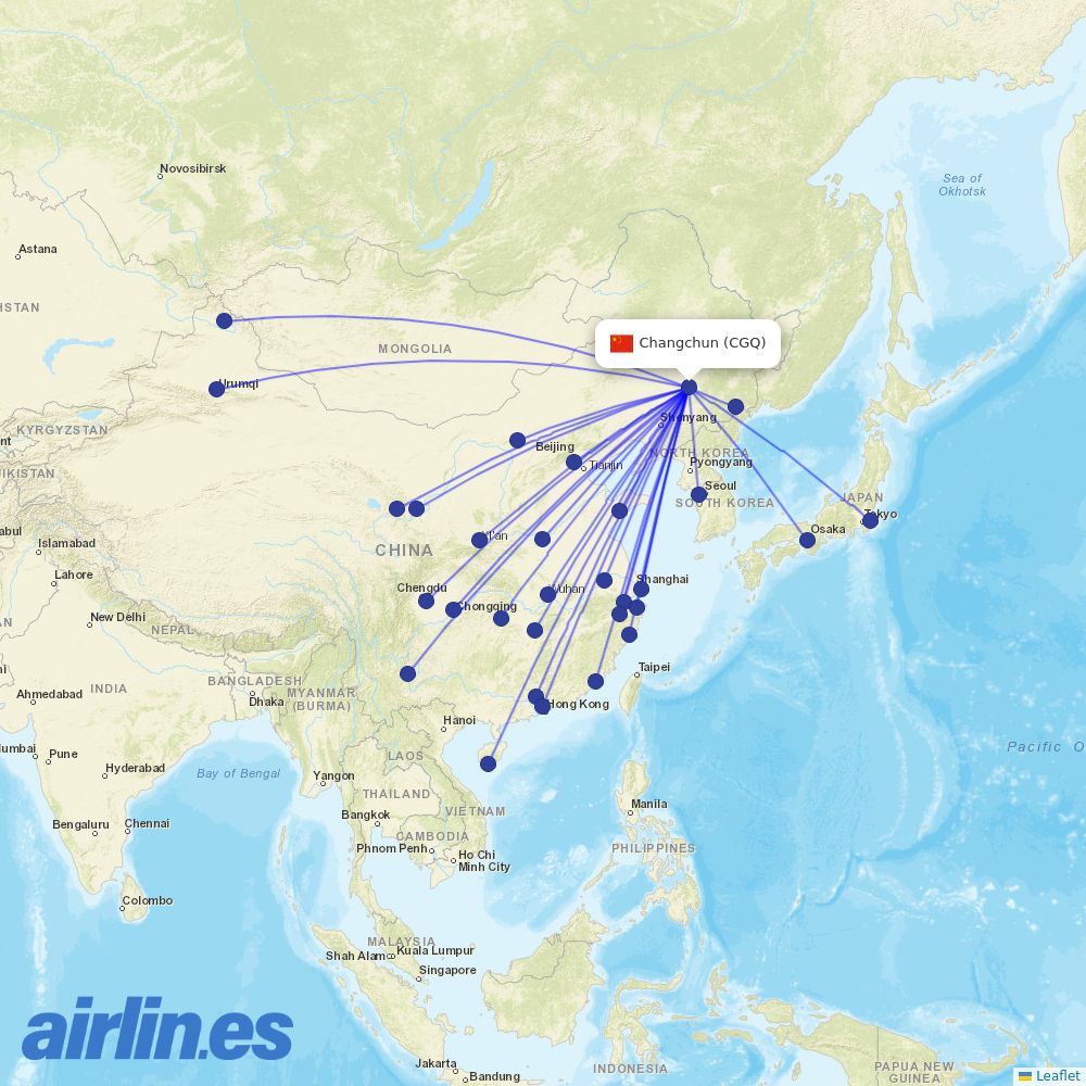 China Southern Airlines from Changchun Longjia International Airport destination map