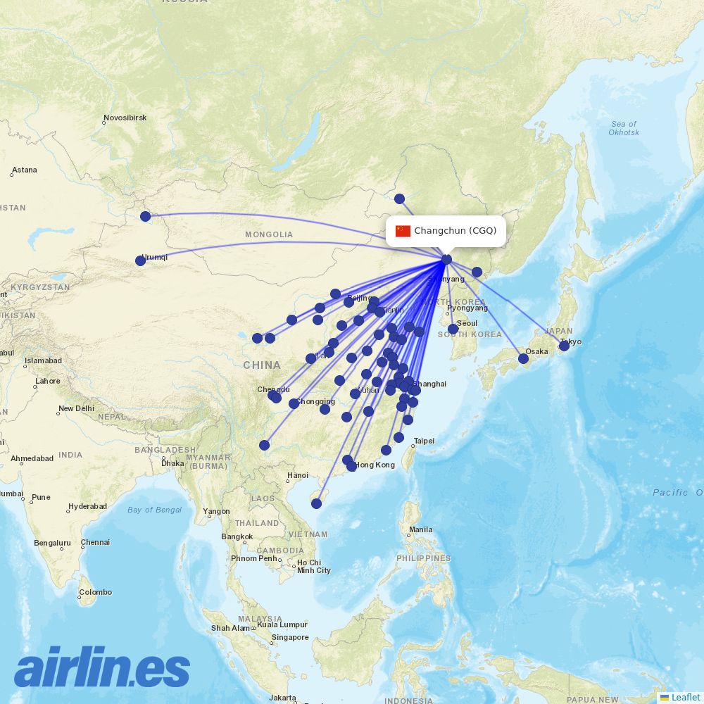 China Eastern Airlines from Changchun Longjia International Airport destination map