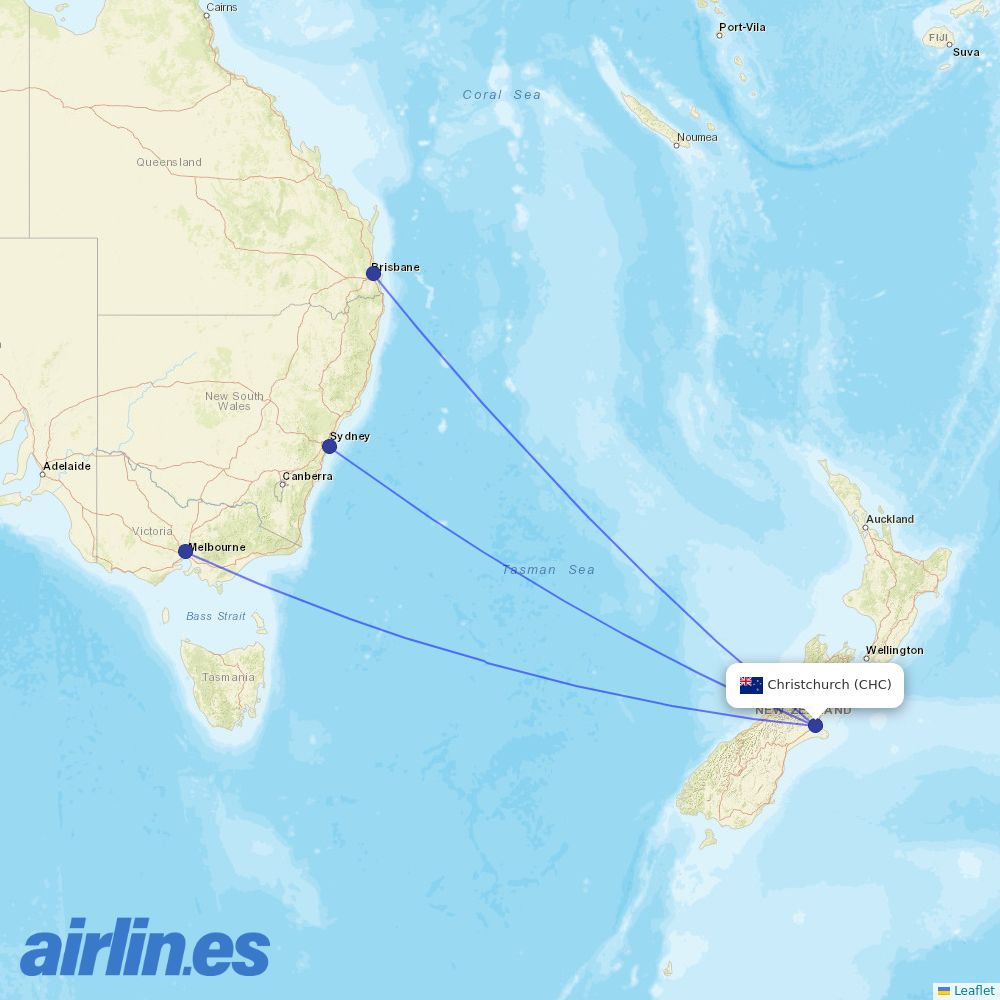 Qantas from Christchurch International destination map