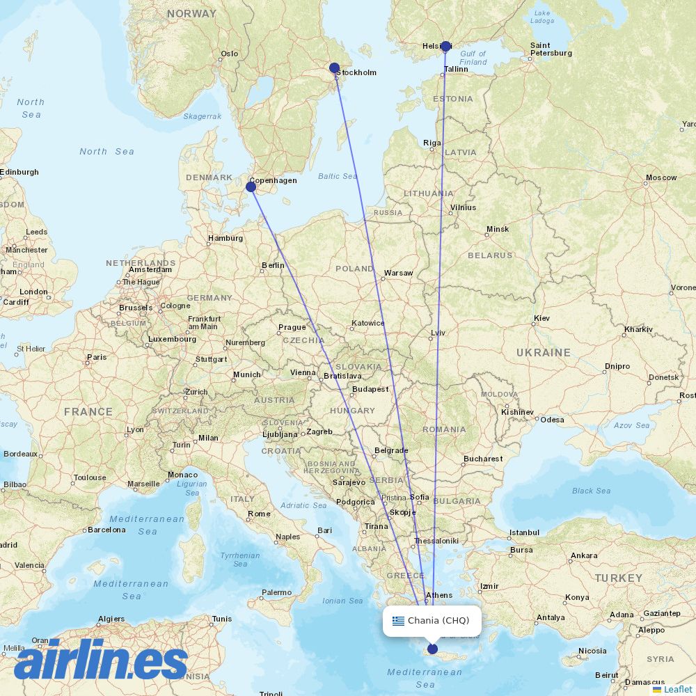 Norwegian Air Sweden from Chania International Airport destination map