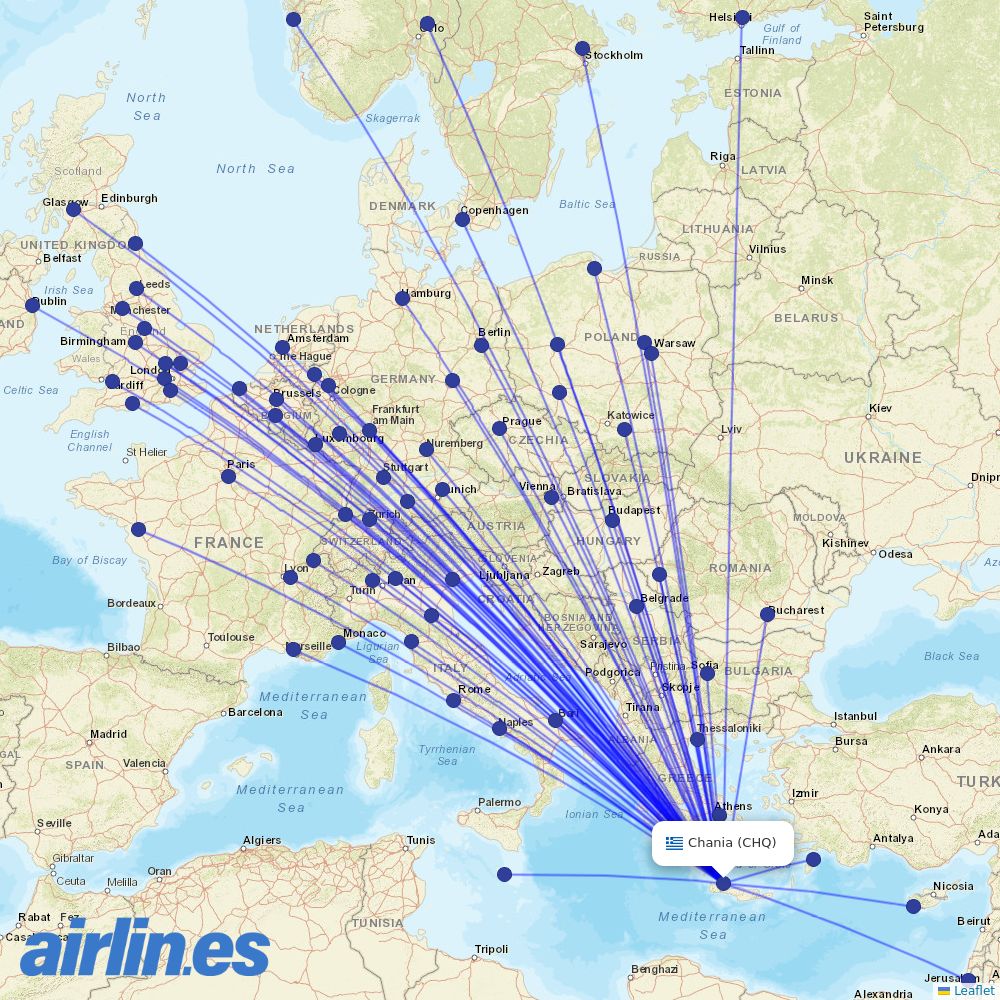 Jet2 from Chania International Airport destination map