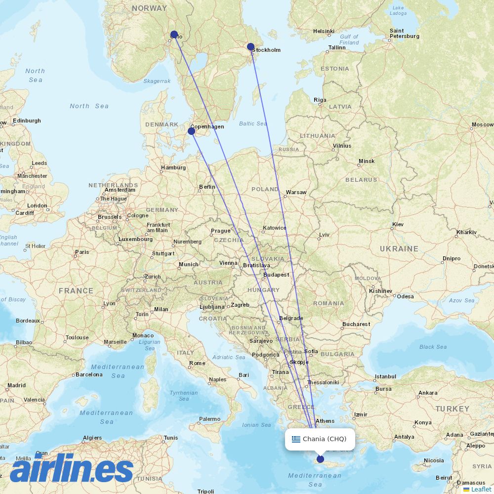 Scandinavian Airlines from Chania International Airport destination map