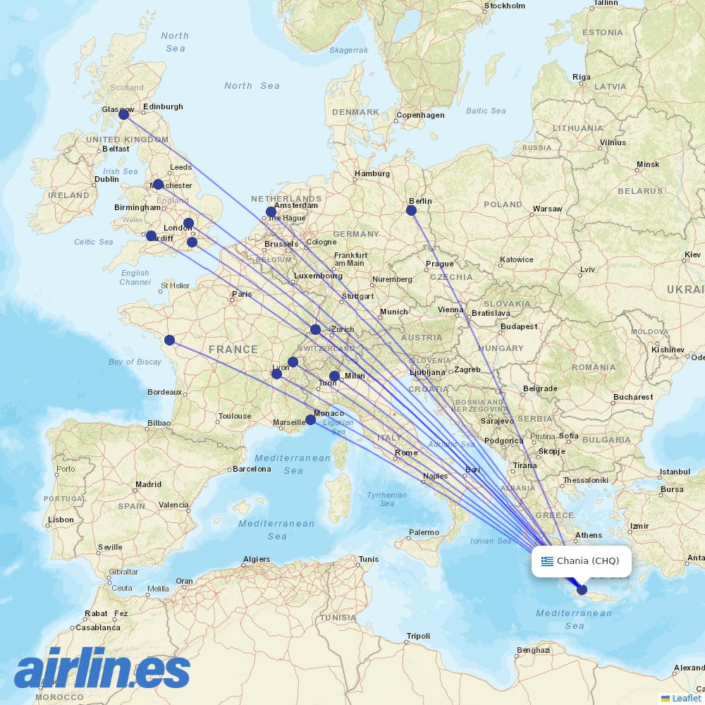 easyJet from Chania International Airport destination map