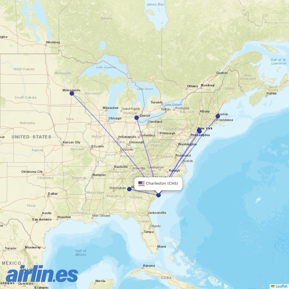 Delta Air Lines from Charleston Afb International destination map