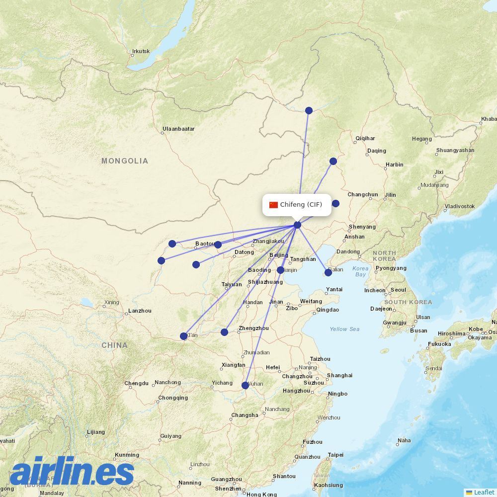 Tianjin Airlines from Chifeng Airport destination map