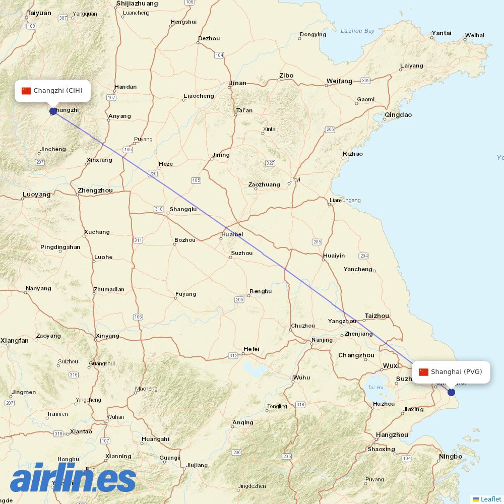 Juneyao Airlines from Changzhi Airport destination map