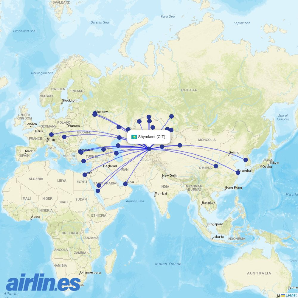 flydubai from Shymkent destination map