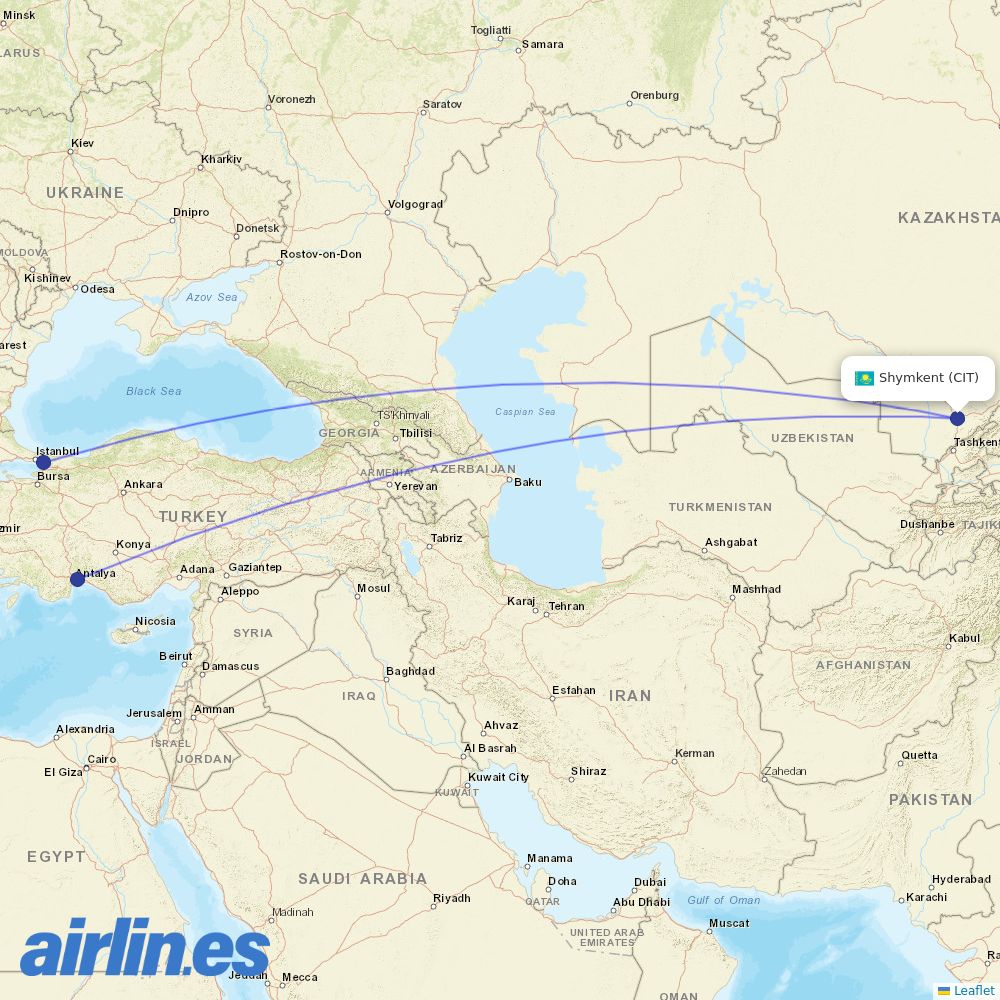 Pegasus from Shymkent destination map