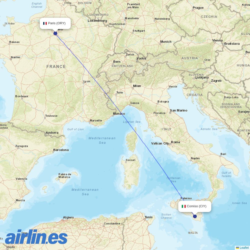 Transavia France from Comiso Airport destination map