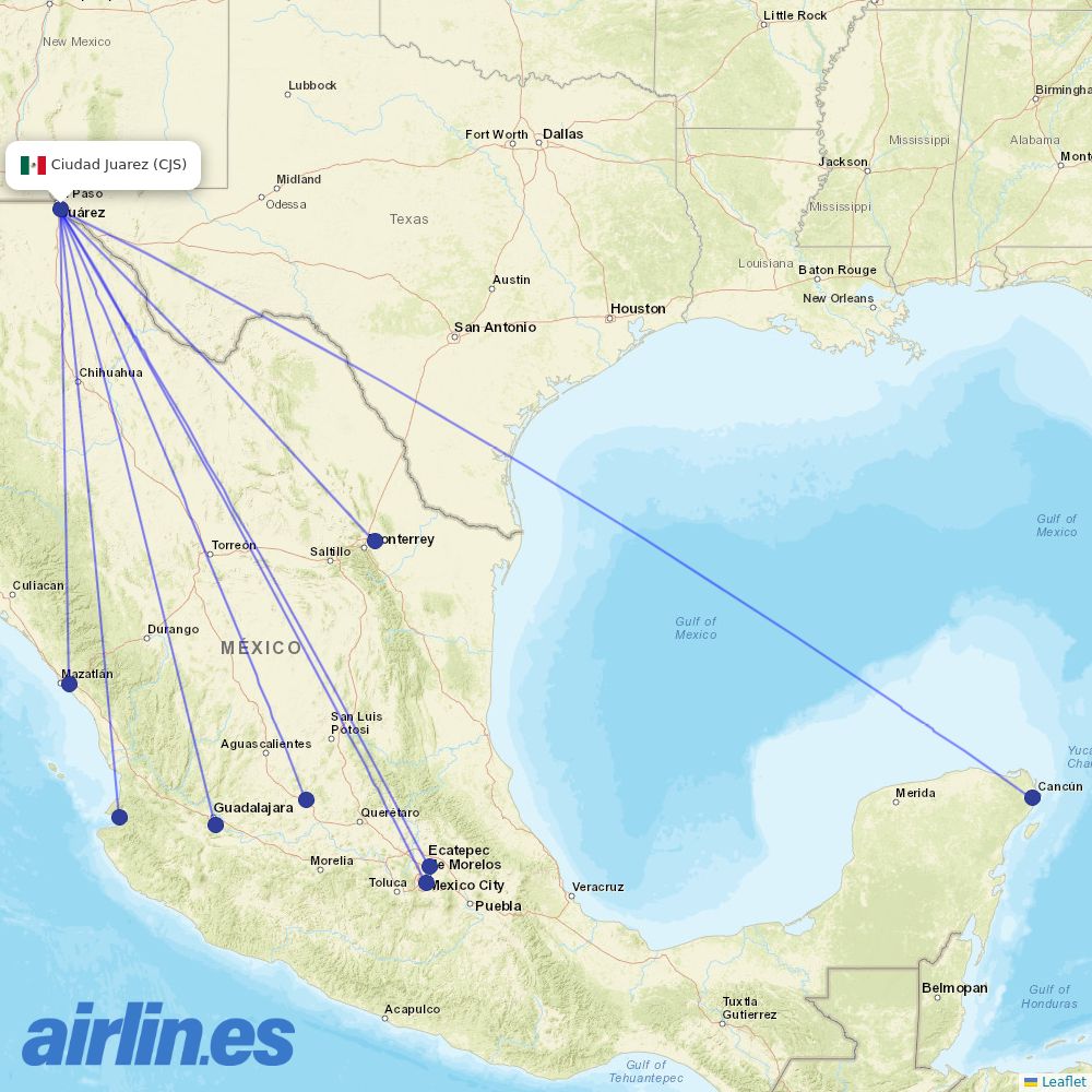 VivaAerobus from Abraham Gonzalez International destination map