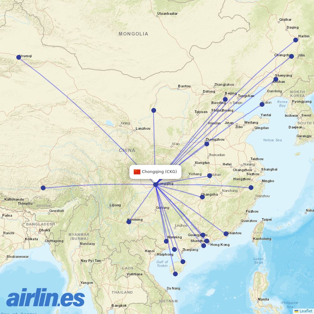 China Southern Airlines from Chongqing Jiangbei International Airport destination map