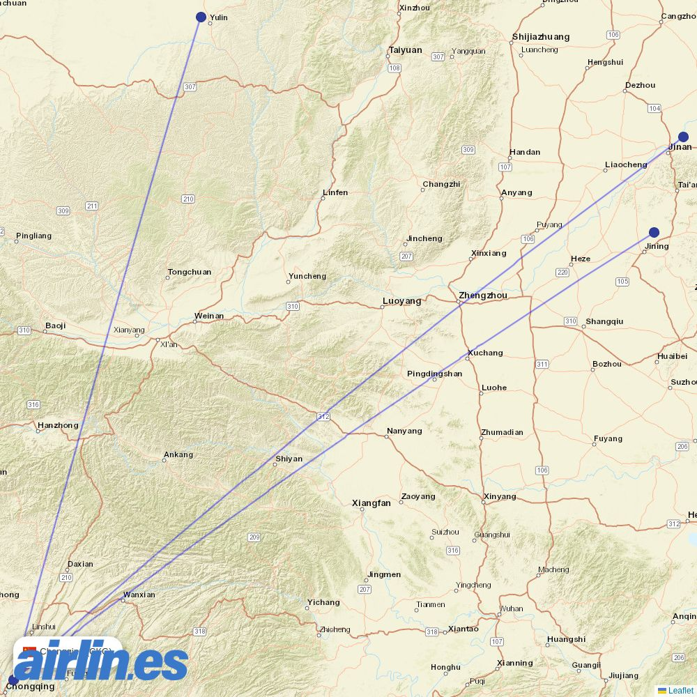 GX Airlines from Chongqing Jiangbei International Airport destination map