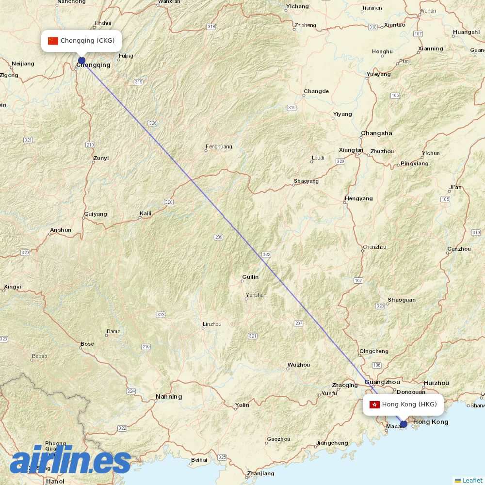 Hong Kong Airlines from Chongqing Jiangbei International Airport destination map