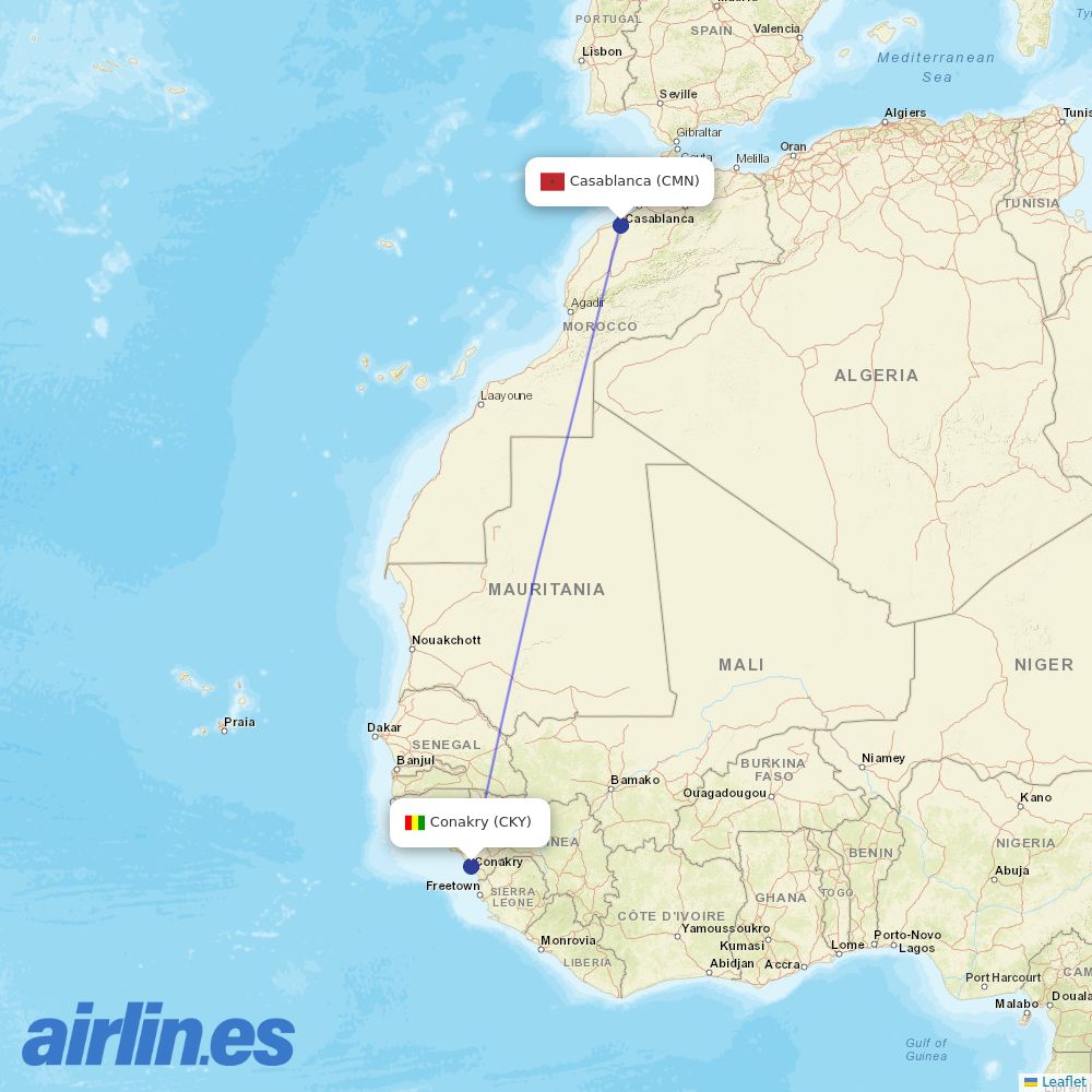 Royal Air Maroc from Conakry destination map