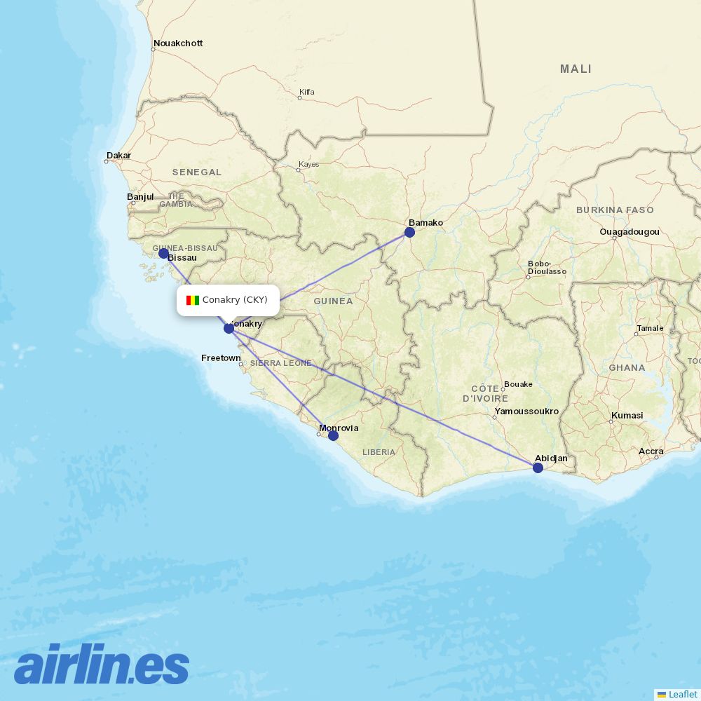 Air Cote DIvoire from Conakry destination map