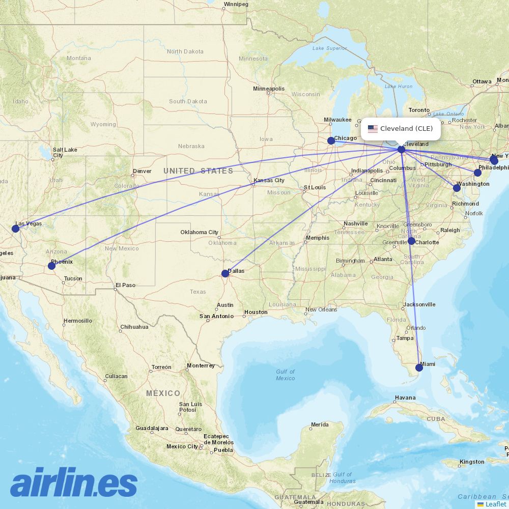 American Airlines from Cleveland Hopkins International destination map