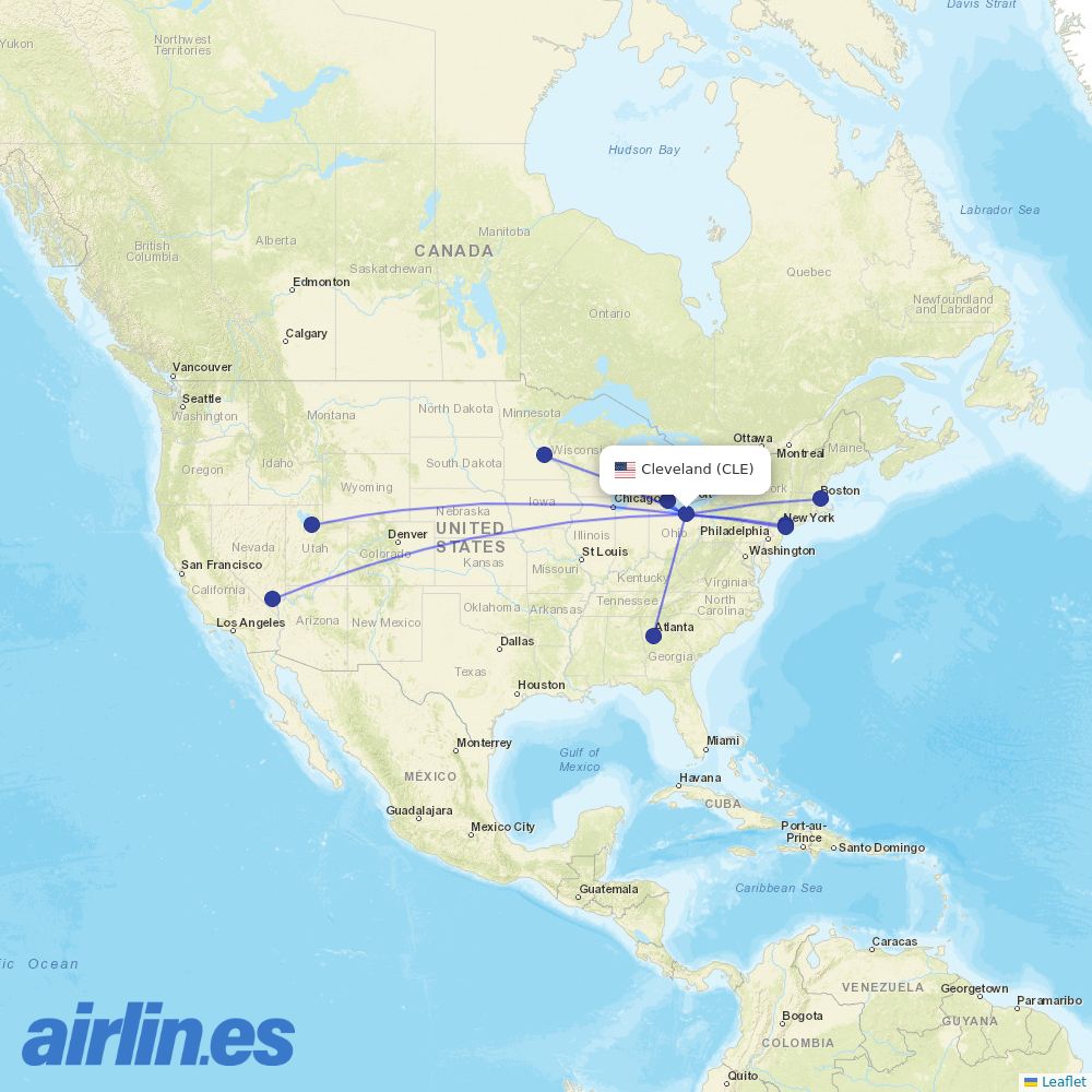 Delta Air Lines from Cleveland Hopkins International destination map