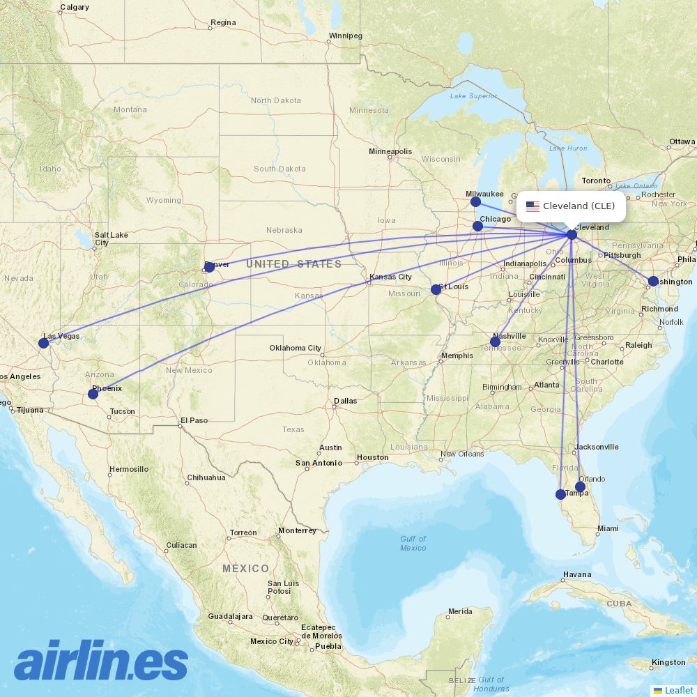 Southwest Airlines from Cleveland Hopkins International destination map