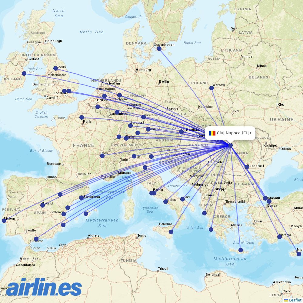 Ryanair from Cluj International Airport destination map