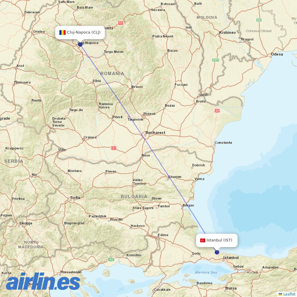 Turkish Airlines from Cluj International Airport destination map