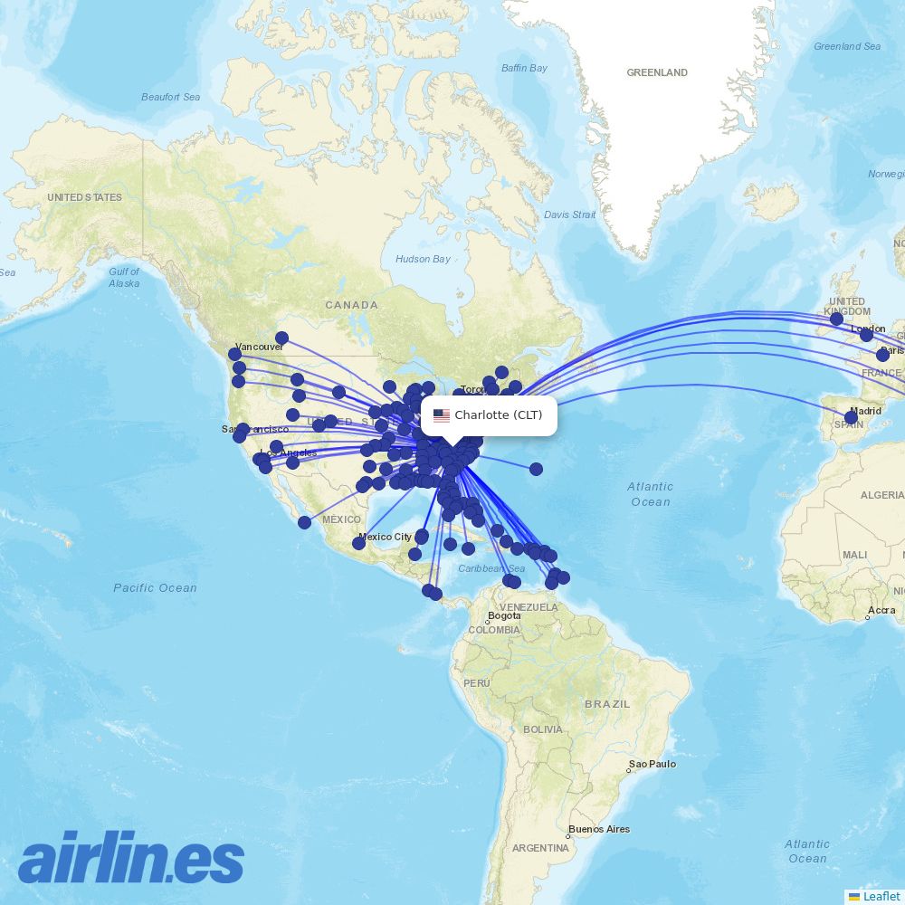 American Airlines at CLT route map