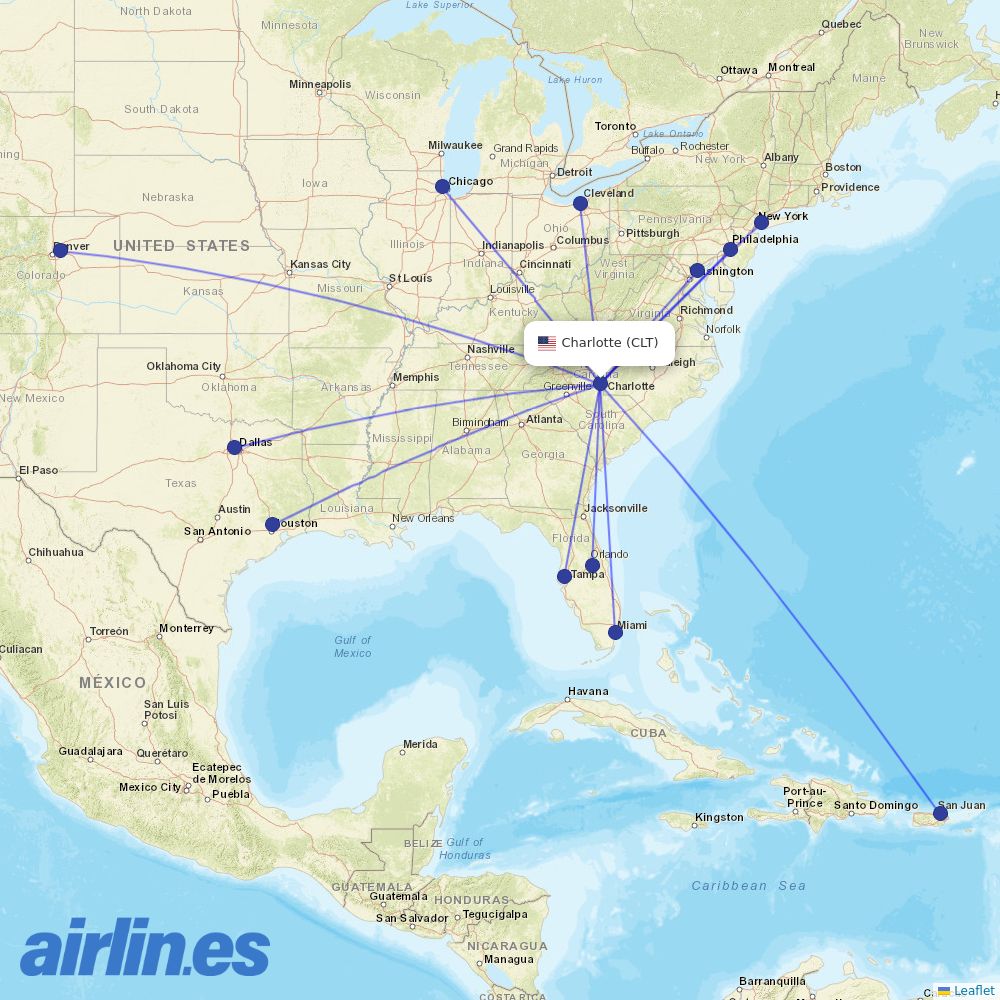 Frontier Airlines from Charlotte Douglas International destination map