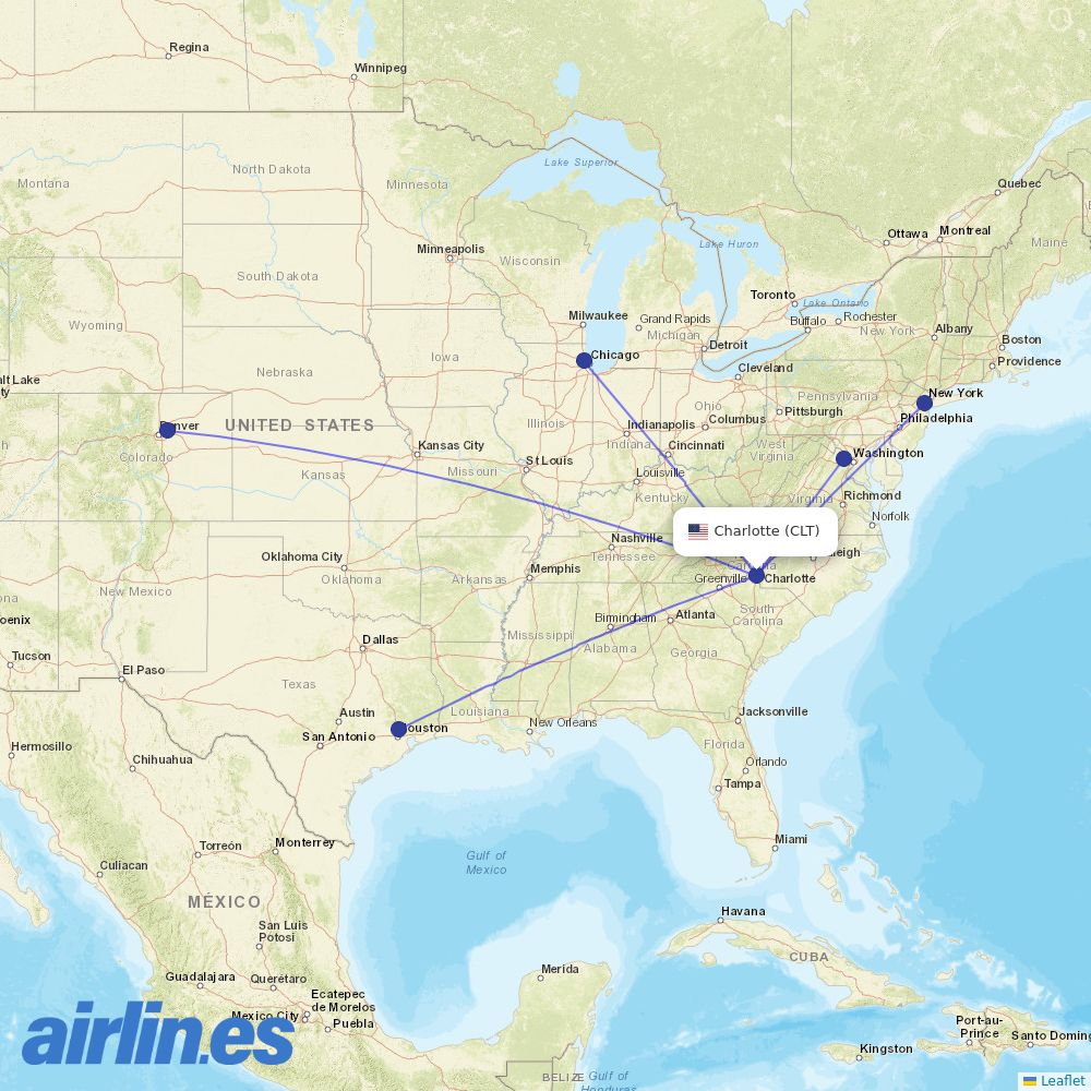 United Airlines from Charlotte Douglas International destination map